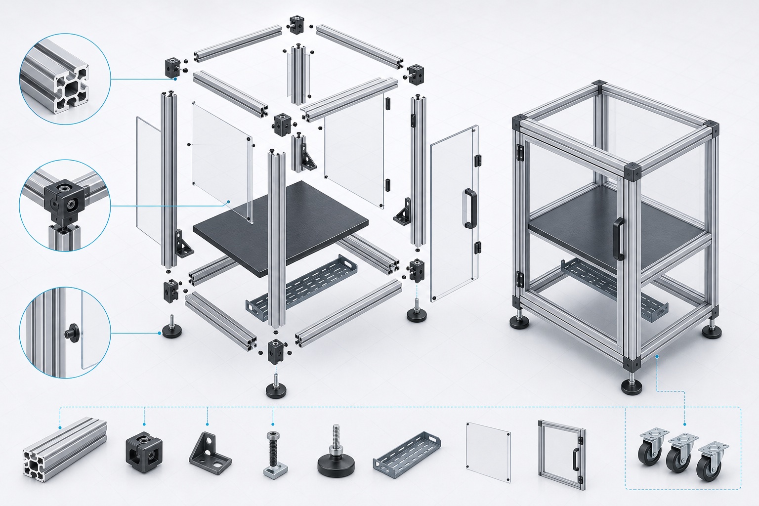 Explosionsgrafik eines modularen Aluminiumprofil-Gestells mit Verbindern, Platten, Tür, Füßen und Zubehör